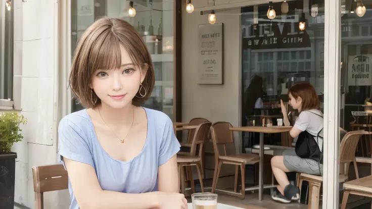 super high quality, Short Hair, Slender, The staff is working at the counter in the back., (8k、RAW Photos、highest quality、masterpiece:1.2), Stylish café, Fashion magazine photoshoot, The cafe is crowded with people enjoying themselves., (Realistic、Photorea...