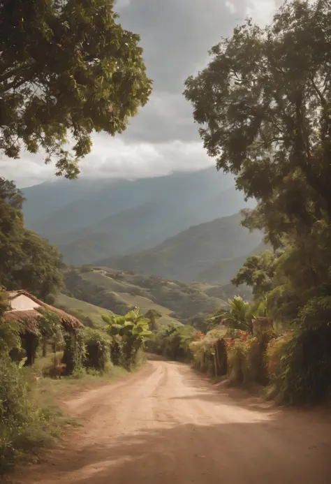 Finca colombiana con la salida del sol