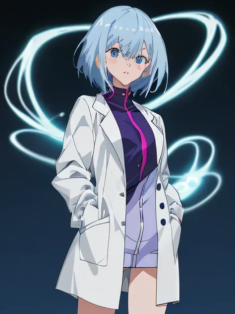 a anime image of a woman with short light blue hair and blue eyes, wearing a lab coat an anime drawing inspired by Li Shida, style of ssss.gridman (2018),
