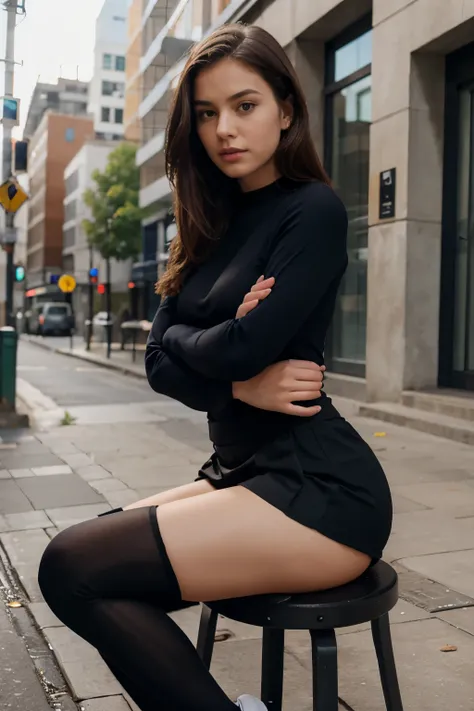 A girl sitting in skirt wearing a tight suit 