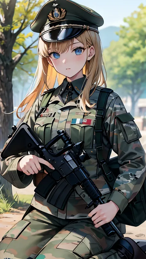 ((best quality)), ((masterpiece)), (detailed), perfect face, perfect detailed eyes, perfect detailed face, Military uniforms, military, Camouflage uniform, ((rifle in hand)), kneeling