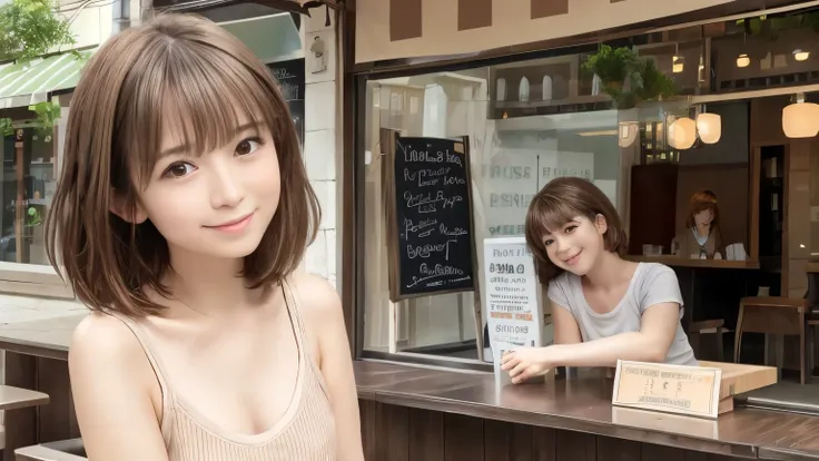 super high quality, short hair, slender, gravure photoshoot, the staff is working at the counter in the back., (8k、raw photos、hi...