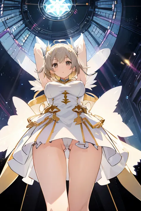 White Holy Knight。An illustration。girl。gold。Big Breasts。Fantasy。Exposed。Light clothing。White skin。mini skirt。Big Breasts。Showing her panties。With legs apart。Fresnel。The hair is transparent with light。Thick thighs。Big Ass。Angle from below。With legs apart。ob...