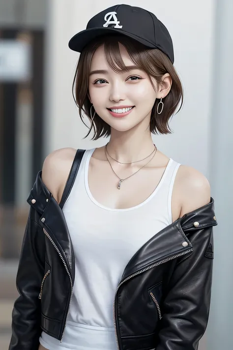 205 ((short hair)), 20-year-old female, In underwear、leather jacket、（Shoulder Fashion）、smile、Beautiful teeth alignment、Baseball cap、Black Hair、ear piercing、Necklace around the neck、Looking into the camera, The background is the city
