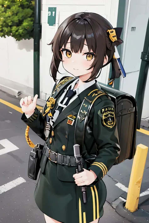 ((Original Character)) masterpiece, hd, 1girl, brown hair, yellow eyes, 10 y.o, cute girl, Genshin Impact, military gunner, miltary uniform, standing, outdoor, holding assault riffle, wearing brown backpack, (backpack:1.1)