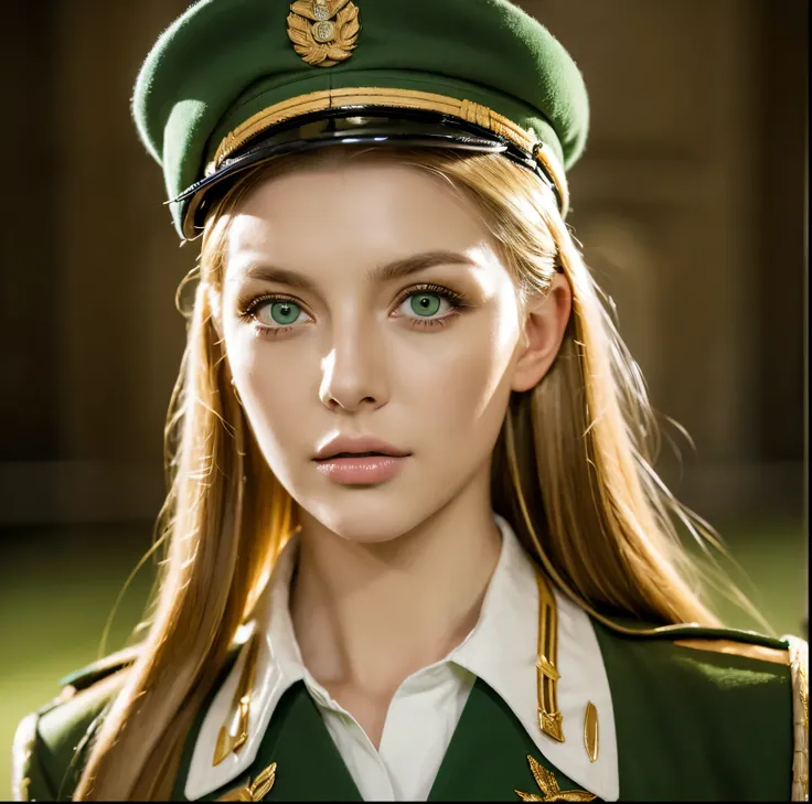 beautiful blonde woman with green eyes, BC Freedom Military uniform, military hat, highly detailed, photorealistic, 8k, cinematic lighting, dramatic pose, cinematic composition, intricate details, sharp focus, vibrant colors, rich textures, elegant express...