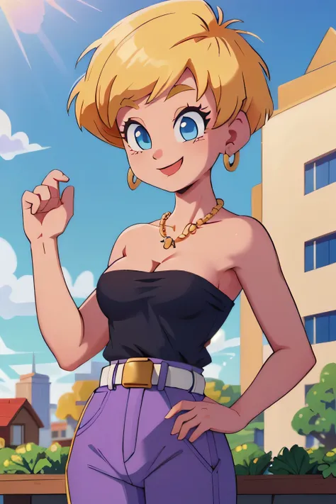 erasa, blonde hair, short hair, blue eyes, earrings, black shirt, strapless, cleavage, small breast, white belt, purple pants, 1...