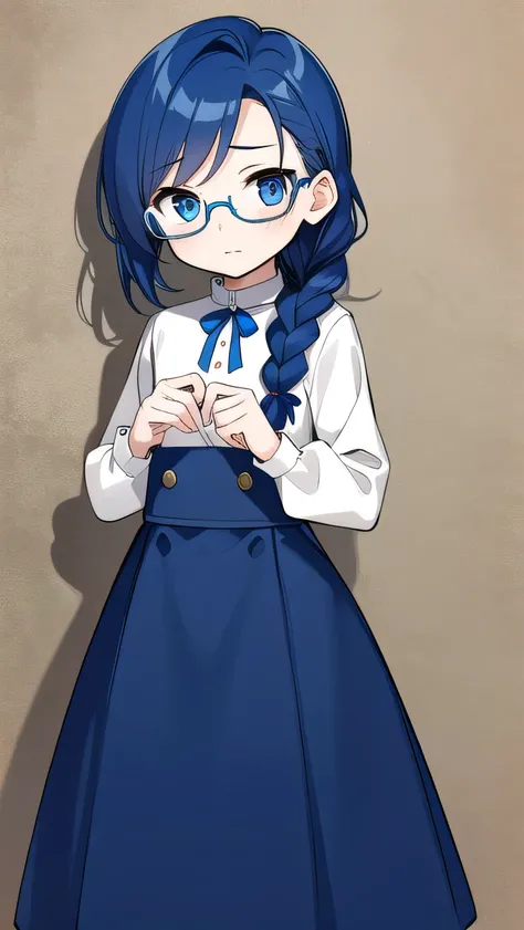 short, 12 years old, blue hair, single braid, blue eyes, round eyes, shy, shy, , short, young face, short height, , glasses with no edges,flat chest,1girl，long hair，Long sleeves, cute clothes, fancy clothes, long skirts, 