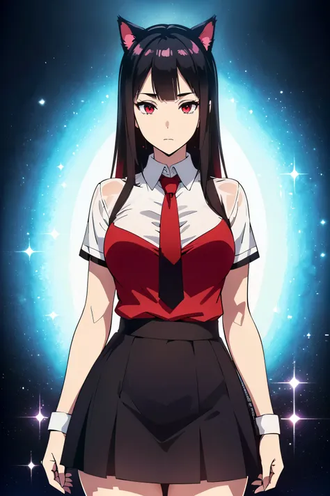 (Cat girl), (smoking), cat ears, black hair, business casual attire, cool, red dress shirt, pretty red eyes, cat tail, ((Crimson Red Eyes eyes: 1.3, Upturned Eyes: 1, Perfect Eyes, Beautiful Detailed Eyes, Gradient eyes: 1, Finely Detailed Beautiful Eyes: ...