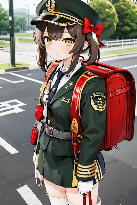 ((Original Character)) masterpiece, hd, 1girl, brown hair, yellow eyes, 10 y.o, cute girl, Genshin Impact, military gunner, miltary uniform, military cap, standing, outdoor, wearing red backpack (backpack:1.1)