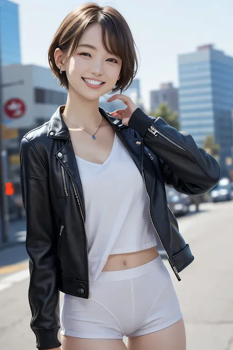 205 ((short hair)), 20-year-old female, In underwear、（Leather jacket with sleeves unworn）、（Wear a jacket over your shoulders）、smile、Beautiful teeth alignment、、Black Hair、ear piercing、Necklace around the neck、Looking into the camera, The background is the c...