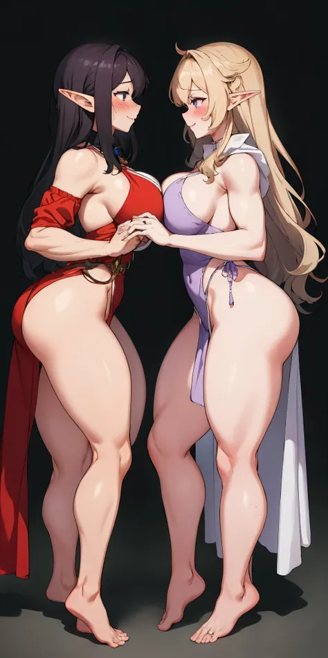 Body position: Standing, straight, symmetrical, barefoot, Lustful smile on face with red blush, 2 girls who gets married and stands in front of many people, kissing, purple skin drow elves