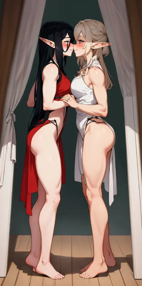 Body position: Standing, straight, symmetrical, barefoot, Lustful smile on face with red blush, 2 girls who gets married and stands in front of many people, kissing, purple skin drow elves