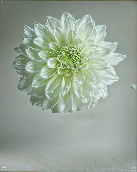 there is a white flower in a vase on a table, giant dahlia flower head, chrysanthemum eos-1d, white flower, closeup giant dahlia flower head, white petal, giant dahlia flower crown head, long petals, hyper detailed photorealistic, chrysanthemum, hyper real...