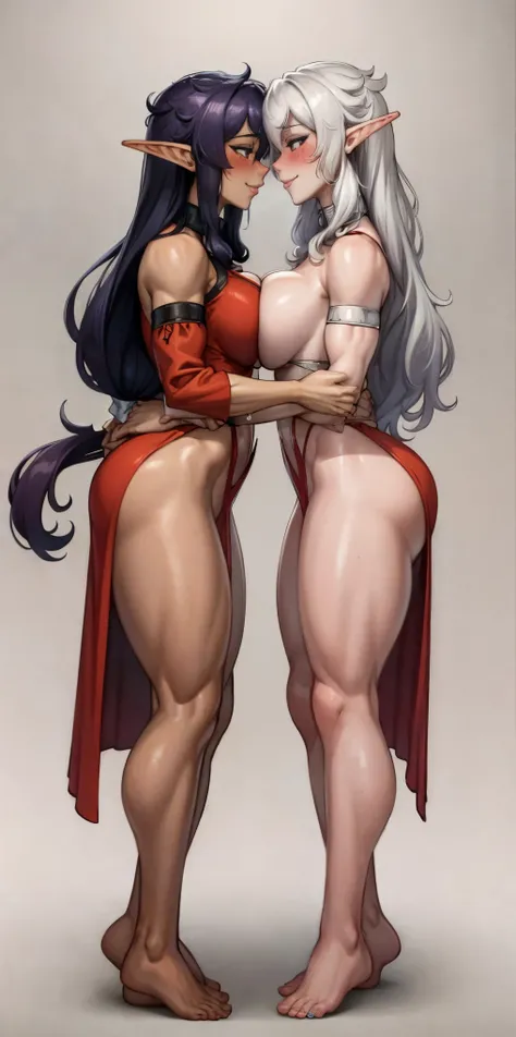 Body position: Standing, straight, symmetrical, barefoot, Lustful smile on face with red blush, 2 girls who gets married and stands in front of many people, kissing, purple skin drow elves