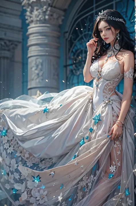 Beautiful young princess with black hair and blue eyes, She is wearing a beautiful long white dress