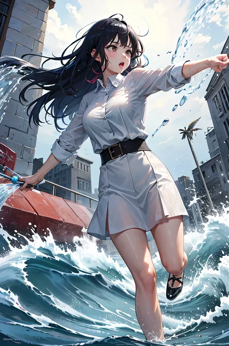 masterpiece, highest quality, (dynamic pose:0.5), absurd, one girl, fighting pose, punch water, (attacking with water:1.5) wet c...