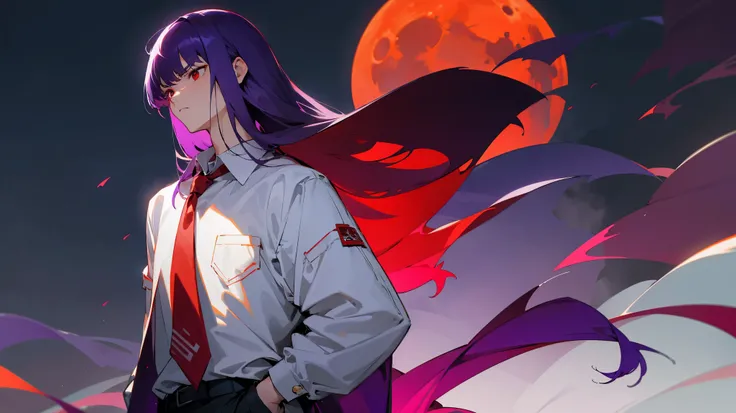 medium length hair, straight hair, bangs, purple hair, white shirt, red moon in the background, night time, serious face, young male, lean build, arms in pockets, red eyes