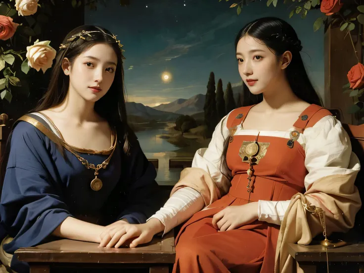 Giorgione painting style,Arguments of two female Philosophe,math、astronomical machine、astronaut、roses in vase、fruits、Cute trinkets、smile、ancient greek costume、Background is a forest lake at night 、Clothes that stretch your shou