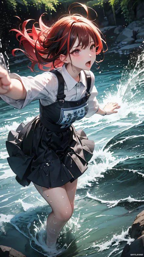 masterpiece, highest quality, (Dynamic pose:0.5), Absurd, One girl, Fighting Pose, Punch Water, (Attacking with water:1.5) Wet clothes, Wet Hair, Wet Face, On the water, Multicolored Hair, (Wind:1.4)