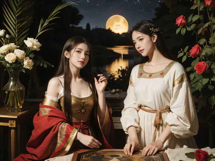 Giorgione painting style,Arguments of two female Philosophe,math、astronomical machine、astronaut、roses in vase、fruits、Cute trinkets、smile、ancient greek costume、Background is a forest lake at night 、Clothes that stretch your shou