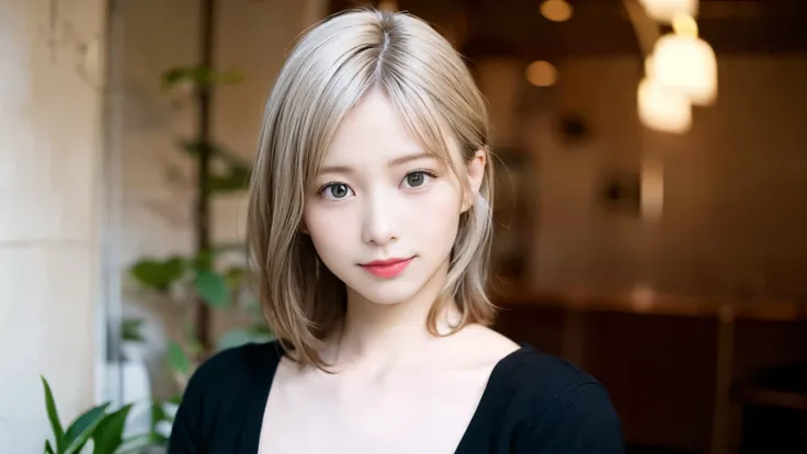 Random Pause, Mix 4, (8k, RAW Photos, highest quality, masterpiece: 1.45), (Realistic, Realistic: 1.37), One Girl, cute, Laughter, Professional Lighting, Photo taken at a cafe,Photon Mapping, Radio City, Physically Based Rendering, Gradient Blonde Hair, Gr...