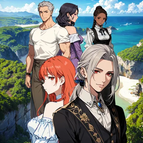 Anime characters stand in front of a picturesque beach view, key art, visual novel key visual, popular Isekai anime, anime key art, official art, anime key visual of elegant, Official character art, Isekai, anime key visual concept, key visual, official il...