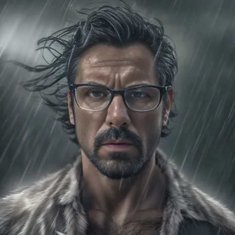 Create a super realistic image of a 38 year old man, con apariencia varonil y usando lentes oscuros. The man is in the middle of a thunderstorm, with lightning flashing in the background and strong winds whipping his clothes. His face shows determination a...