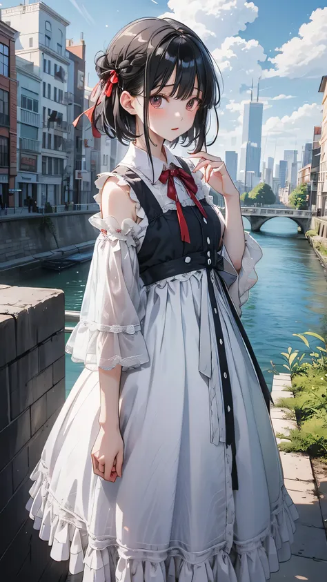 One girl,Front hair,black_hair,green_null,bridge,building,city,city,cityscape,cloud,Day,dress,Looking_in_Audience,Outdoor,red_Neckwear,red_ribbon,ribbon,river,short_hair,short_sleeve,null,nullscraper,One person in,Are standing,town,winer,(masterpiece,anime...