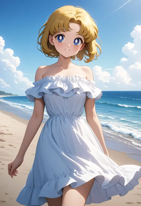 (masterpiece, best quality, very aesthetic, ultra detailed), intricate details, 4k, aausagi, 1 girl, solo, Best quality, masterpiece, High Definition, Teenager, Blue Eyes, Beautiful Detail Eyes, Blonde Hair, Short Bob Hair Cut, Good hands at sides, Smile, ...