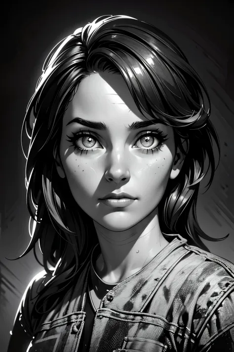 a girl in a mugshot, sketch, black and white, detailed features, cute, vintage style, high contrast lighting, expressive eyes. (...