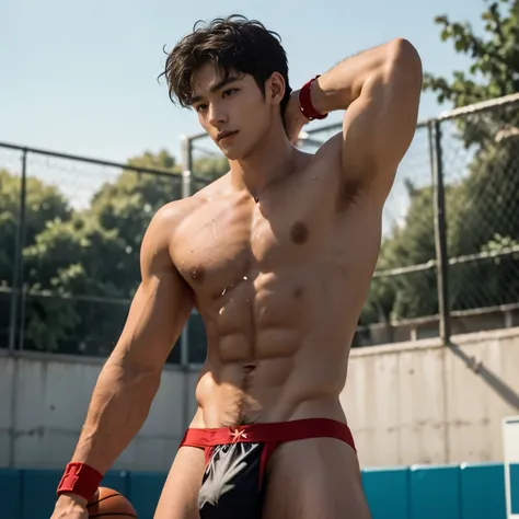 Skinny thong, Very hairy body, Almost naked just wearing red thin micro thong, very thin thong, Very crowded court, Topless, shirtless, 17 years old boy, very young boy, Cinematic soft lighting illuminates a stunningly detailed and ultra-realistic handsome...