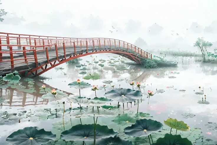 red bridge bridge red bridges chinese architecture, A Jiangnan village in the distance、Minimalist Photography Chinese Architecture, early morning, Hangzhou, Bridge in a pond with lotus leaves, White mist,8k、high resolution、National Geographic Works、RAW pho...