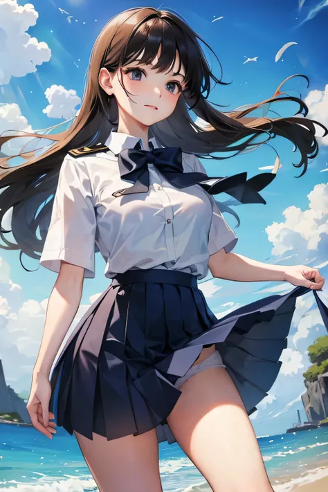 White underwear is visible、　The wind is blowing my skirt away、Navy Blue Skirt、Pleated skirt、Lined