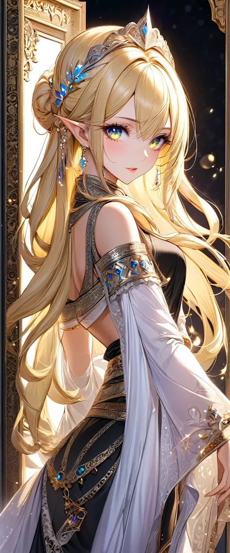 best quality, super fine, 16k, incredibly absurdres, extremely detailed, delicate and dynamic, cool and beautiful pretty elf woman, blonde half-up hairstyle, blonde princess cut hairstyle, blonde hime-cut hairstyle, captivating look, aroused expression, ta...