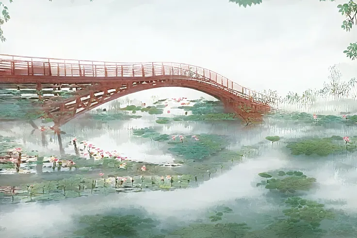 red bridge bridge red bridges chinese architecture, A Jiangnan village in the distance、Minimalist Photography Chinese Architecture, early morning, Hangzhou, Bridge in a pond with lotus leaves, White mist,8k、high resolution、National Geographic Works、RAW pho...
