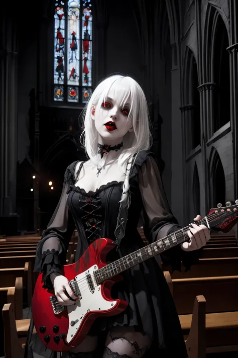 gothic vampire girl, playing electric guitar, inside a gothic church, white hair, red eyes, two hands, five fingers each hand, baroque music, bats, dark room, red lips, spitting blood, 