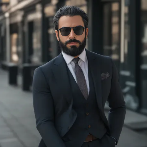A 38-year-old man with light brown skin and a well-groomed beard. He is wearing stylish, dark sunglasses that complement his elegant look. He is dressed in a very elegant outfit consisting of a tailored, dark navy blue blazer, a crisp white dress shirt wit...