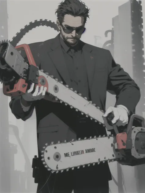 absurdres, highres, ultra detailed,   (one middle aged handsome man:1.3),solo,
(elderly gentleman:0.8),
Suited gentleman, night,white gloves,sunglasses, 
looking at viewer,cowboy shot,
BREAK
(holding huge mechanical chainsaw:1.3),