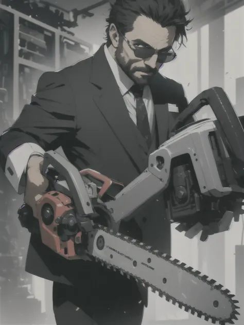 absurdres, highres, ultra detailed,   (one middle aged handsome man:1.3),solo,
(elderly gentleman:0.8),
Suited gentleman, night,white gloves,sunglasses, 
looking at viewer,cowboy shot,
BREAK
(holding huge mechanical chainsaw:1.3),