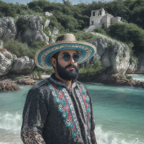 {
"prompt": "A 38-year-old man with a beard and wearing dark sunglasses. He is dressed in traditional Mexican clothing, including a black mariachi jacket with silver details and a matching sombrero. The background captures the natural beauty of Mexico, wit...