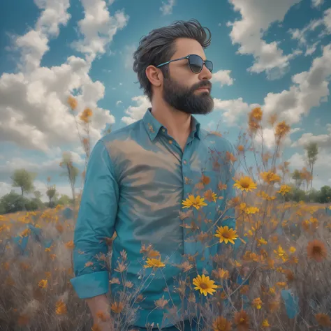 imagine a 38-year-old man with a well-groomed beard and dark sunglasses that reflect the sky.. lleva una camisa de cuadros en to...