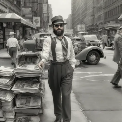 create an image of a 38-year-old man with a beard and sunglasses. the man is dressed in clothing from the 1920s, incluyendo un t...