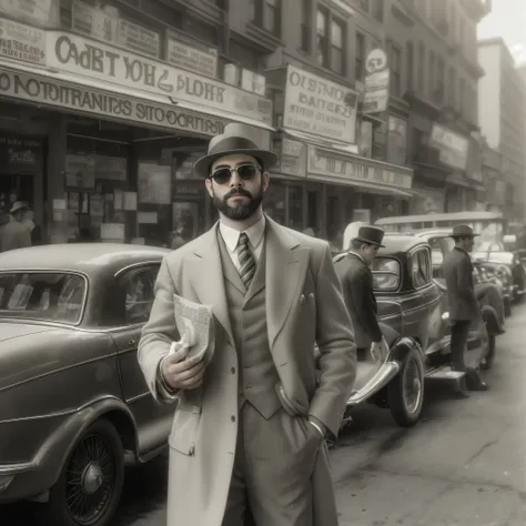 create an image of a 38-year-old man with a beard and sunglasses. the man is dressed in clothing from the 1920s, incluyendo un t...