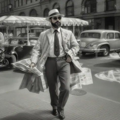 create an image of a 38-year-old man with a beard and sunglasses. the man is dressed in clothing from the 1920s, incluyendo un t...