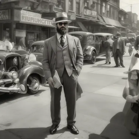 create an image of a 38-year-old man with a beard and sunglasses. the man is dressed in clothing from the 1920s, incluyendo un t...