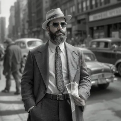 create an image of a 38-year-old man with a beard and sunglasses. the man is dressed in clothing from the 1920s, incluyendo un t...