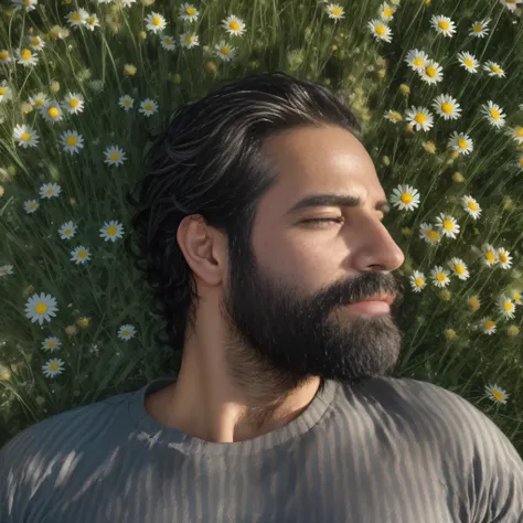 create a high-quality image of a 38-year-old man with a beard, lying down, with the camera angle from above, focusing on the upp...