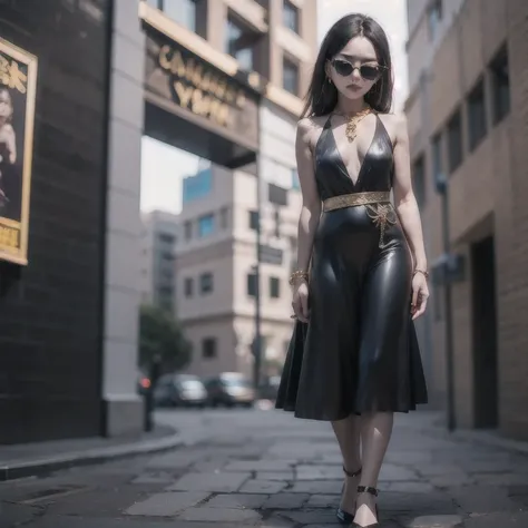 1 girl wearing a black dress and sunglasses with a gold chain around her neck, yanjun chengt, trending on cgstation, cyberpunk s...