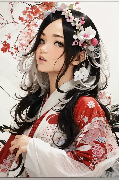 (((White Background、White world)))、14 years、unity 8k wallpaper、Super detailed、beautifully、aesthetic、masterpiece、highest quality、(Zentangle、Mandala、Tangle、Tangle)、(Fractal Art:1.3)、One Girl、Beautiful black hair、Japanese、Big pink、red kimono、Japanese clothing...